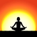 Yoga lotus pose black silhouette on sunset background. Woman character meditating in nature during sunrise, dawn. Royalty Free Stock Photo