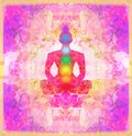 Yoga lotus pose. Padmasana with colored chakra points.