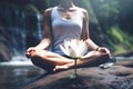 Yoga Lotus Pose in Waterfalls Background - Generative AI