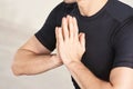 Yoga man hands. Namaste arm position. Gym studio Royalty Free Stock Photo