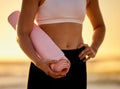 Yoga mat, closeup and woman at a beach for meditation, zen and relax for wellness, exercise and health. Fitness, zoom