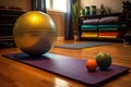 a yoga mat, exercise ball and instructional dvds