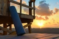 yoga mat propped against a wooden lifeguard tower, sunrise backdrop Royalty Free Stock Photo