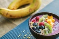 yoga mat with smoothie bowl and fruit for postworkout snack