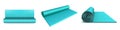 Yoga mat top and side view, blue rolled mattress