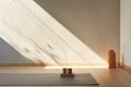 Yoga Mat and Vase on Wooden Floor, Serene Scene for Relaxation and Meditation