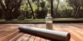 A yoga mat and a water bottle on a wooden floor, with a peaceful garden in the background, concept of Serenity, created