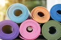 Yoga mats in the garden Royalty Free Stock Photo