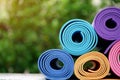 Yoga mats on table Royalty Free Stock Photo