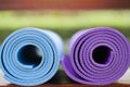 Yoga mats on the table in a garden Royalty Free Stock Photo