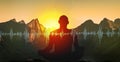 Yoga meditation illustration, silhouette of man practicing in mountains at sunset