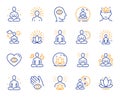 Yoga meditation line icons. Body balance, person relax and energy meditation set. Vector