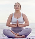 Yoga meditation peace, beach and woman meditate for spiritual mental health, chakra energy balance or soul aura healing Royalty Free Stock Photo