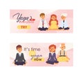 Meditation people of all ages and professions banners. Vector illustrations with pregnant woman, doctor, office workers Royalty Free Stock Photo