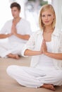 Yoga, meditation and portrait of couple in prayer pose for zen wellness, mindfulness and training in home. Mental health