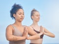 Yoga, meditation and women with exercise in nature to relax, breathe and care for their mind. Fitness, motivation and