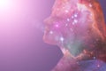 Yoga,mind, esoteric, mental health, psychology concept, Profile of a woman with the cosmos as a brain,Element of the image Royalty Free Stock Photo