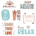 Yoga, mindfulness motivational quotes with doodles and lettering