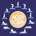 Yoga moon and cute jack russell terrier as character, flat or outline vector stock illustration with dog on blue background