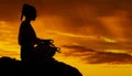 Yoga, Mountain And Meditation With Silhouette Of Woman At Sunset For Peace, Mind And Zen In Nature. Freedom, Landscape