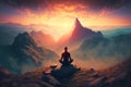 Yoga on mountain top at sunset, lonely man meditating outdoor, generative AI Royalty Free Stock Photo