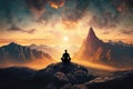 Yoga on mountain top at sunset, lonely man meditating outdoor, generative AI Royalty Free Stock Photo