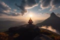 Yoga on mountain top at sunset, lonely man meditating outdoor, generative AI Royalty Free Stock Photo