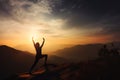 Yoga on mountain top at sunset, woman silhouette on sky background, generative AI