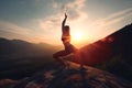 Yoga on mountain top at sunset, woman silhouette on sky background, generative AI Royalty Free Stock Photo