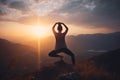 Yoga on mountain top at sunset, woman silhouette on sky background, generative AI