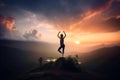 Yoga on mountain top at sunset, woman silhouette on sky background, generative AI