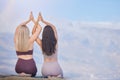 Yoga, namaste hands and people on sky mockup for meditation support, wellness teamwork and healing together. Prayer of