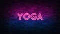 Yoga neon sign. purple and blue glow. neon text. Brick wall lit by neon lamps. Night lighting on the wall. 3d illustration. Trendy Royalty Free Stock Photo