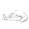 Yoga. One leg is straight, the other is bent at the knee, the back tends to a straight leg. Contour drawing of a girl