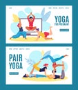 Yoga online banner set, vector illustration. Woman man people at sport training, website poster for pregnant person and