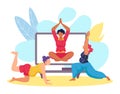 Yoga online banner vector illustration. Woman man people at sport training, website poster for pregnant person and
