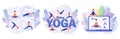 Yoga online. Tiny people watching online classes, practicing hatha yoga, meditation. Stay home concept. Modern flat