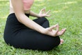 Yoga outdoors in summer park. young woman sits in lotus position Royalty Free Stock Photo