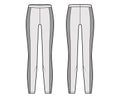 Yoga pants technical fashion illustration with elastic waistband, side panels, training slim, casual knit trousers. Flat