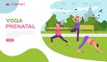 Yoga in park nature, vector illustration. Pregnant female fitness, mother health lifestyle and maternity. Motherhood