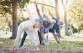 Yoga, park and old people stretching, fitness and exercise with happiness, wellness and stress relief. Senior women