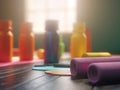 Yoga path and colorful water bottles on background, ai-generated artwork