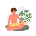 Yoga people meditate, young man sitting in padmasana yogi pose, guy training spirit