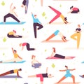 Yoga people seamless pattern. Men and women do mental health and physical exercise. Meditation, relaxation in nature, wellbeing