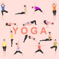 Yoga pose mountain downward dog warrior tree bridge triangle  cobra pigeon crow child`s female fitness girl gym energy vector ill Royalty Free Stock Photo