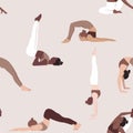 Yoga pose seamless pattern, diversity women sport class. Poeple flat characters, Indoor group. Black woman activity