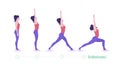 Yoga pose. Virabhadrasana. Exercise step by step