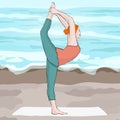 Yoga pose, woman doing stretching legs, leg split, vector multicolored drawing portrait. Cartoon girl is engaged in