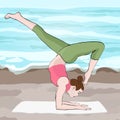 Yoga pose, woman handstand, vector multicolored drawing portrait. Meditation, is engaged in gymnastics cartoon girl