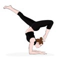 Yoga pose, woman handstand, vector multicolored drawing portrait. Meditation, is engaged in gymnastics cartoon girl
